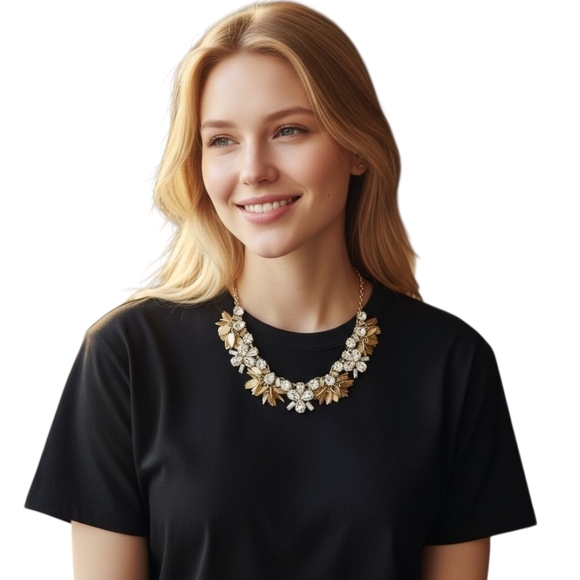 J. Crew Crystal Bouquet Golden Leaves Flower Statement Necklace - Picture 1 of 2